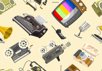 Wall Mural - Vintage devices Seamless pattern. Retro tech media, Television tv, Audio radio music, Electronic sound recorders, Movie Camera, Typewriter and Console, Vinyl player. Gadgets and Multimedia technology.