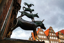 A Bronze Statue Depicting The Bremen Town Musicians In Bremen, Germany. March 2019