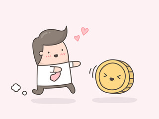 Little man trying to catch a coin. Cute cartoon doodle illustration.