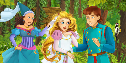 cartoon scene with happy young loving couple girl in the forest encountering sorceress hidden wooden house - illustration for children