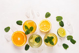 Fototapeta Młodzieżowe - set of refreshing lemonade or detox water with citrus and mint