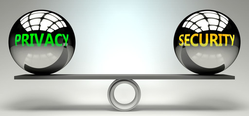 Privacy and security balance, harmony and relation pictured as two equal balls with  text words showing abstract idea and symmetry between two symbols and real life concepts, 3d illustration