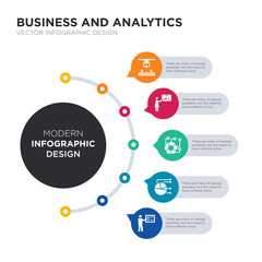 Wall Mural - modern business infographic illustration design contains person explaining strategy, pie chart, polygonal chart, presentation, production simple vector icons. set of 5 isolated filled icons.