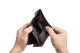 Fototapeta  - Hand open empty wallet, isolated white background with clipping path