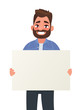 © tynyuk - Smiling man is holding a blank poster. Placard for advertising. Vector illustration