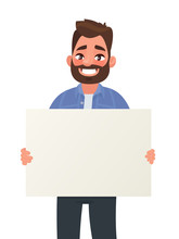 Smiling Man Is Holding A Blank Poster. Placard For Advertising. Vector Illustration