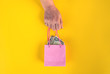  female hand hold little shopping bag with United States dollar money