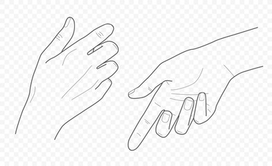 handdrown vector outline and contour illustration of hands with fingers in different gestures with open palms