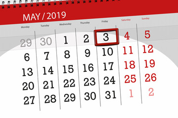 Calendar planner for the month may 2019, deadline day, 3 friday