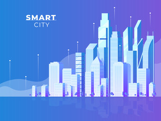 Night city landscape. Modern architecture, buildings, skyscrapers. Flat vector illustration.