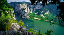The Iron Gate Of The Donau/danube River Forms The Natural Border Between Serbia And Romania. The Serbian Side Is The Djerdap National Park (Djerdapska Klisura). This Is The Smallest Point Of The River