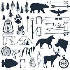 Wall Mural - Set of wilderness silhouettes. Hand drawn camping and hiking elements. Collection for summer camp outdoors. Labels, emblems, logos, badges. Travel and recreation in outdoor camp