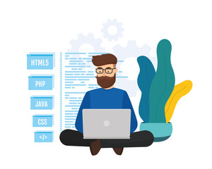 Wall Mural - vector illustration the young programmer engineerin coding new project. programming and software con