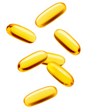 Falling Fish Oil Pill, Omega 3, Isolated On White Background, Clipping Path, Full Depth Of Field
