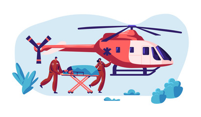 Wall Mural - Professional Medicine Rescue. Paramedic Urgency Injured Character by Helicopter to Hospital for Healthcare. Copter Fast Transport Fly to Clinic for Help. Flat Cartoon Vector Illustration