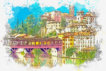 Watercolor sketch or illustration of a beautiful view of the urban architecture and the Alpini Bridge in Bassano del Grappa in Italy