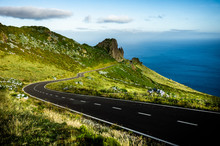 Azores Landscape: Endless Curvy Winding Road Through The Hills Of Flores Island, The Azores, Portugal.