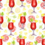 Fototapeta  - Hand drawn watercolor blood Mary cocktail seamless pattern on lemons and tomatoes 