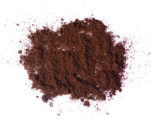 Ground coffee on a white background isolation, top view