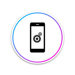 Setting on smartphone screen icon isolated on white background. Mobile phone and gear sign. Adjusting app, set options, repair, fixing phone concepts. Circle white button. Vector Illustration