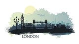 Fototapeta Big Ben - Stylized landscape of London with big Ben, tower bridge and other attractions