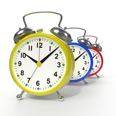 Group of alarm clocks on white background. 3D rendering