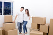 © Creativa Images - Smiling couple with cardboards in the new apartment