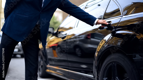 Cuadros en Lienzo Personal driver opening backseat door in car for successful businessman, service