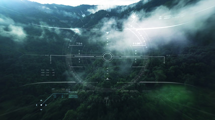 Fototapete - Aerial view from the fighter plane's cockpit flying over the low cloud cover mountain scape with head up display acquire targets and enemies location hidden in the dense mountain forest