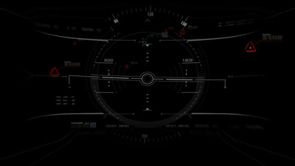 Aerial view from the fighter plane's cockpit flying over the low cloud cover mountain scape with head up display acquire targets and enemies location hidden in the dense mountain forest