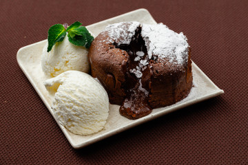 chocolate fondant with mint and ice cream