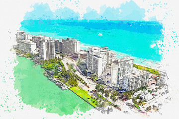 Watercolor sketch or illustration of the beautiful view of the urban architecture of Miami in the USA