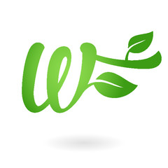 Wall Mural - W letter calligraphic organic logo green leaves