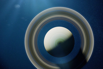 Wall Mural - planet saturn, the sixth planet in the solar system lit by the sun, top view (3d space illustration,