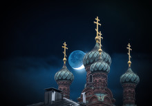 The Golden Domes Of The Orthodox Church In Night And Moon