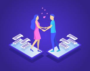 Sticker - Online Dating and Virtual Communication Concept 3d Isometric View. Vector