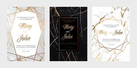 Wall Mural - Gold, black, white marble elegant wedding invite, artistic cover design, colorful texture. Trendy pattern, graphic poster, gold geometric brochure, card. All elements are isolated and editable.