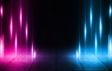 Background of empty street at night. Concrete paving slabs, illuminated by the light of multi-colored neon lamps. Fog, smoke