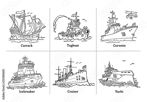 Download Vector Illustration Of Doodle Sketch Outline Boats With Yacht Icebreaker Corvette Tugboat Carrack And Cruiser Aurora Coloring Book With Ships Stock Vector Adobe Stock