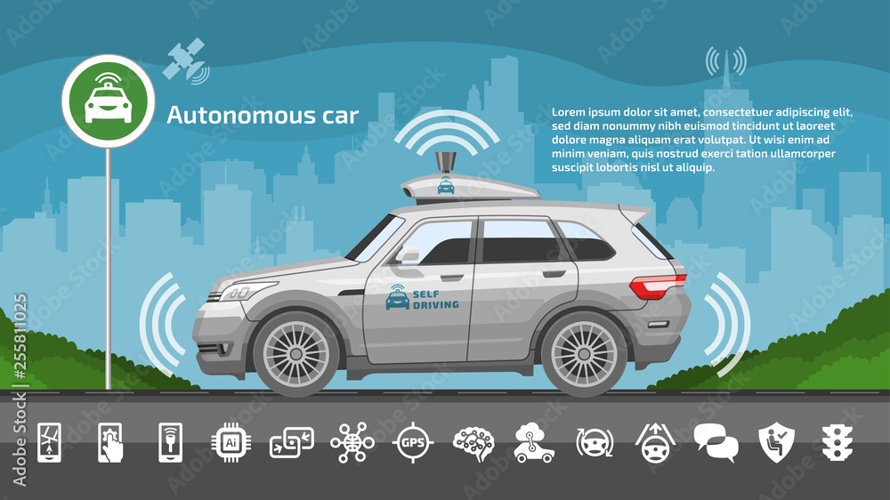 Autonomous driverless car vector illustration. Self drive smart sensor ...