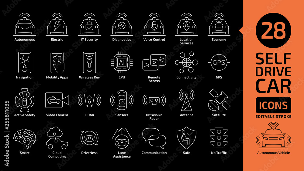 Driverless smart car editable stroke icons. Self drive autonomous ...