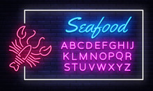 Seafood Neon Sign Vector. Neon Frame Seafood Design Template, Light Banner, Night Signboard, Nightly Bright Advertising, Light Inscription. Vector Illustration. Editing Text Neon Sign