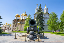 Tsar Cannon, Patriarshy Cathedral And Cathedral Of The Dormition (Uspensky Sobor) In Moscow Kremlin, Russia