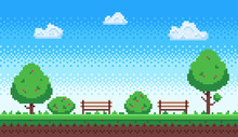 Pixel Park. Retro 8 Bit Game Blue Sky, Pixels Trees And Parks Bench Vector Illustration