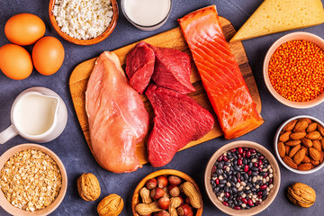 Poster - Sources of healthy protein - meat, fish, dairy products.