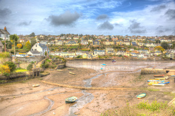 Canvas Print - Newton Ferrers Devon south east of Plymouth viewed from Noss Mayo in colourful HDR