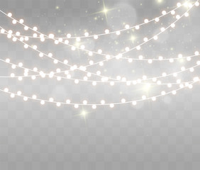 Christmas bright, beautiful lights, design elements. Glowing lights for design of Xmas greeting cards. Garlands, light Christmas decorations.