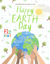 Happy Earth Day! Vector Eco Illustration For Social Poster, Banner Or Card On The Theme Of Saving The Planet. Hands Hold The Earth