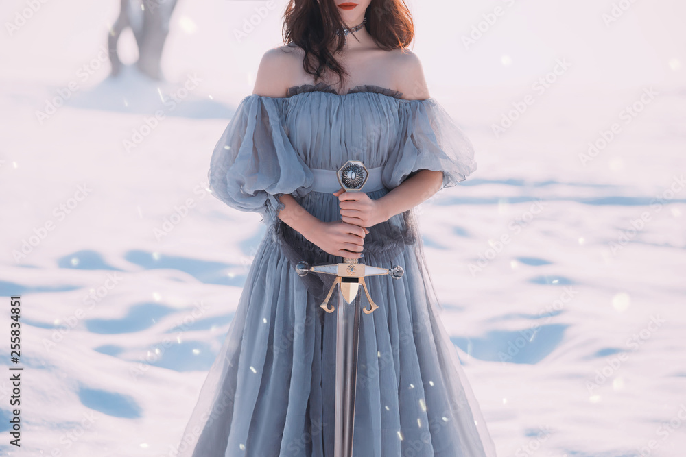 warlike girl with dark hair in long gray vintage light dress, lady of cold and frost, bare open shoulders and sharp silver sword in hands, goddess of death with red lips, character for computer games - obrazy, fototapety, plakaty 