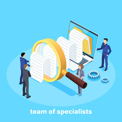 Isometric vector image on a blue background, people in business suits study documents through a magnifying glass, laptop and documentation folder.